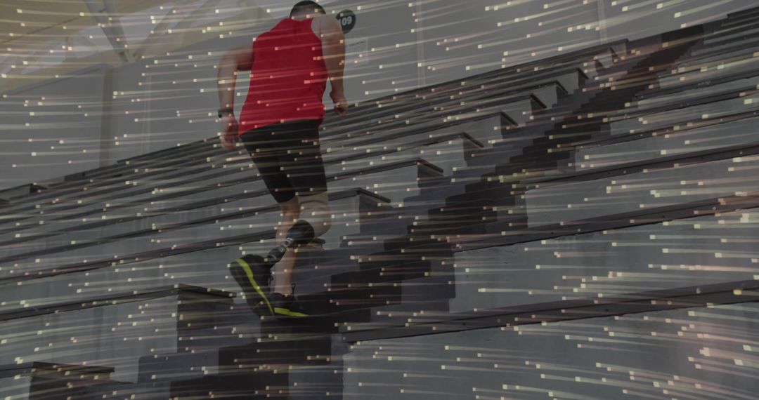 Athlete Sprinting Up Stadium Stairs with Futuristic Effects