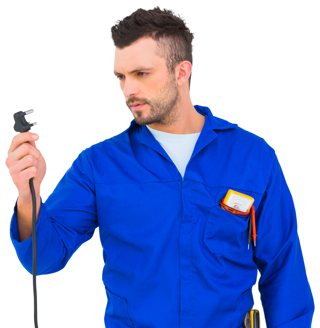 Electrician in Blue Uniform Holding Electrical Plug on Transparent Background - Download Free Stock Images Pikwizard.com