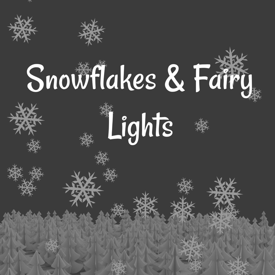 Snowflakes and Fairy Lights on Snowy Forest Background