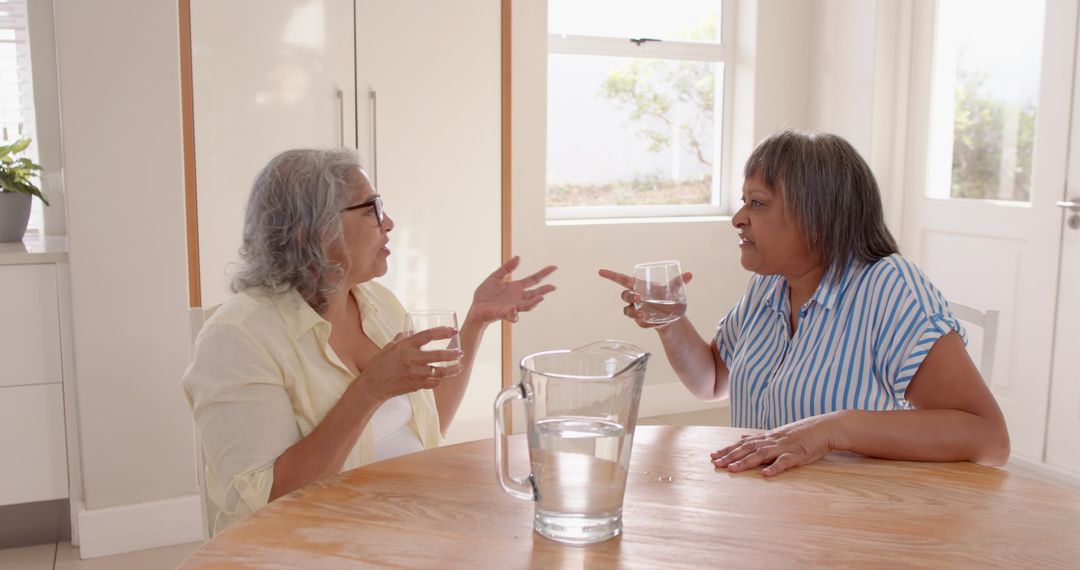 Senior Friends Enjoying Conversation at Home with Water