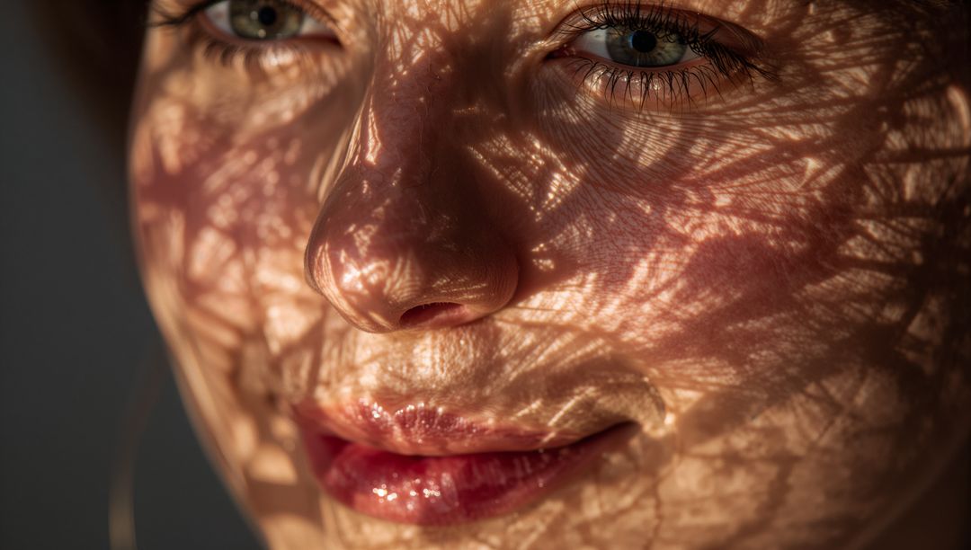 Sunlit Woman Face with Intricate Plant Shadow Patterns and Glossy Lips Closeup Chiaroscuro