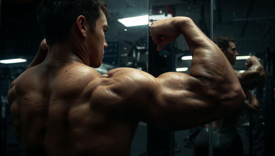 Bodybuilder Flexing Biceps in Gym with Mirror Reflection Motivation