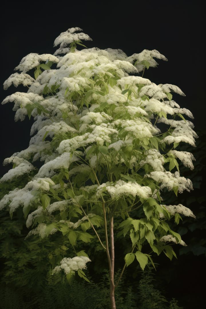 Elderberry tree with white flowers on black background, created using generative ai technology - Free Images, Stock Photos and Pictures on Pikwizard.com