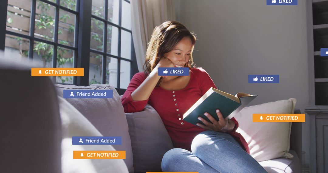 Woman in Living Room with Technology Pop-Up Notifications