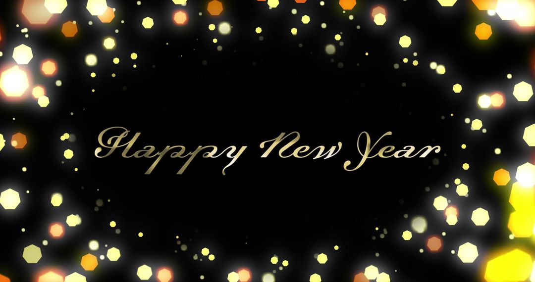 Happy New Year Text with Glowing Light Spots on Black Background