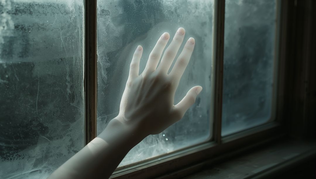 Pale Hand Touching Frosted Windowpane Creating Calm Atmosphere