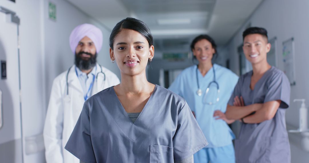 Diverse Healthcare Team Smiling in Hospital Hallway - Free Images, Stock Photos and Pictures on Pikwizard.com