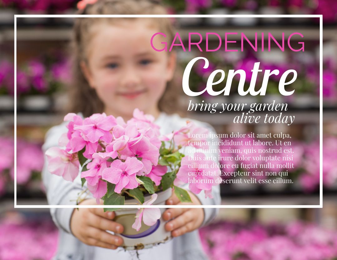 Child Enjoying Gardening with Pink Flowers in Garden Center