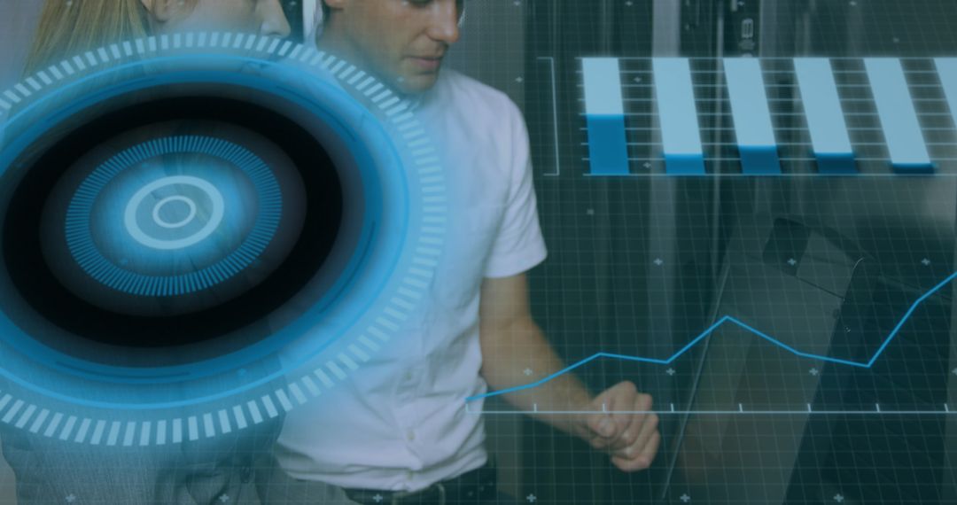 Business Professionals Analyzing Digital Data with High-Tech Interface