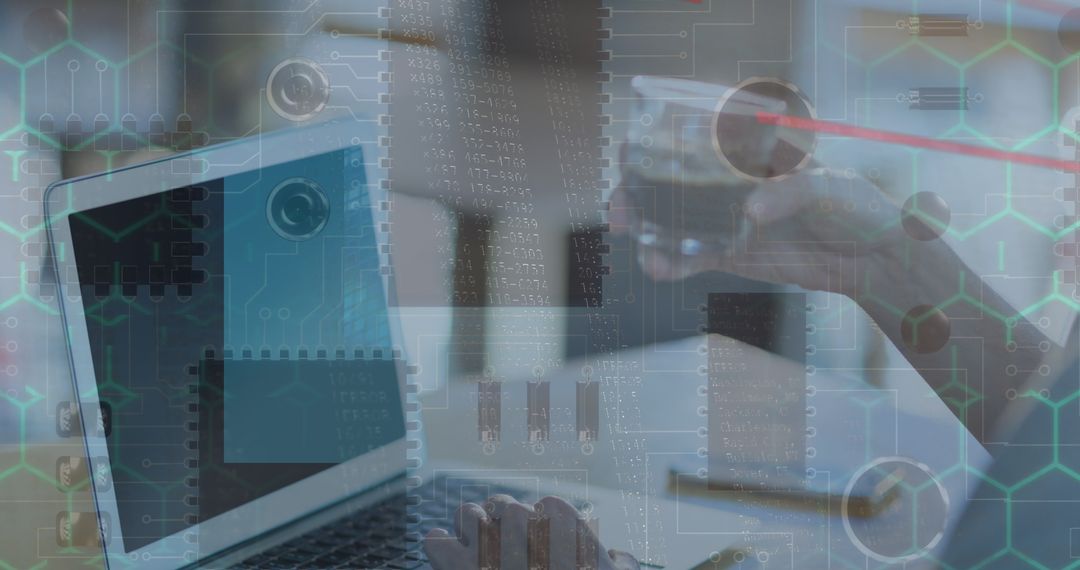 Futuristic Digital Interface Interacting with Laptop and Smartphone