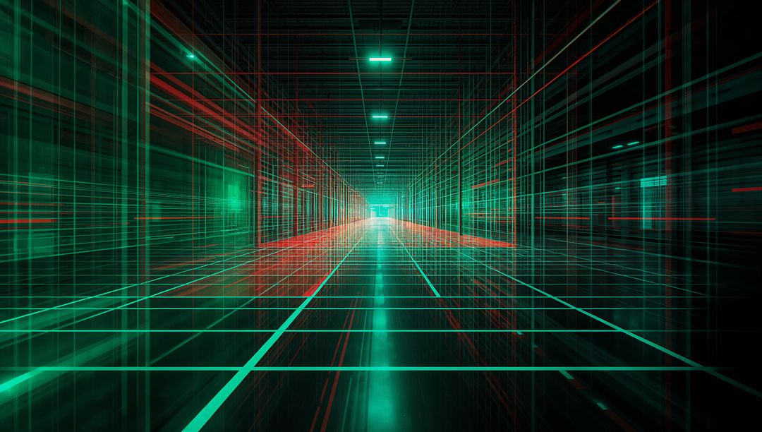 Futuristic Grid Corridor with Red and Green Lines