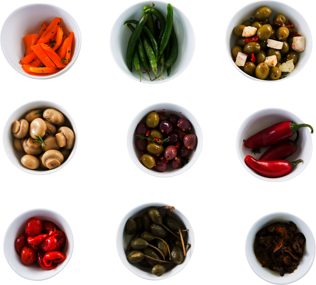 Assorted Olives and Vegetables in Transparent Bowls on Black Background - Download Free Stock Images Pikwizard.com