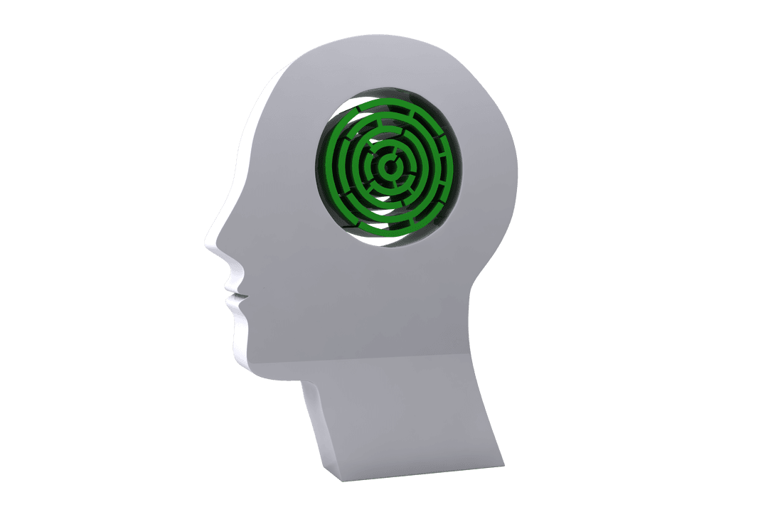 Digital White Human Head with Green Labyrinth on Transparent Background