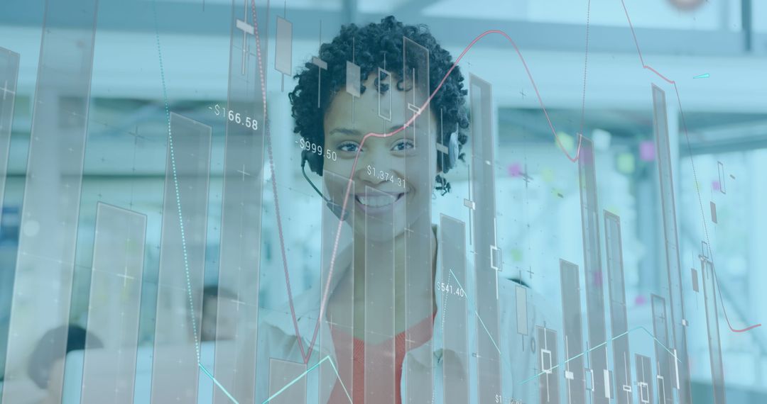 Businesswoman Analyzing Data with Technology Interface Overlay