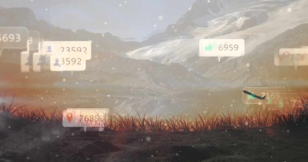 Digital Interaction Icons over Scenic Mountain Landscape