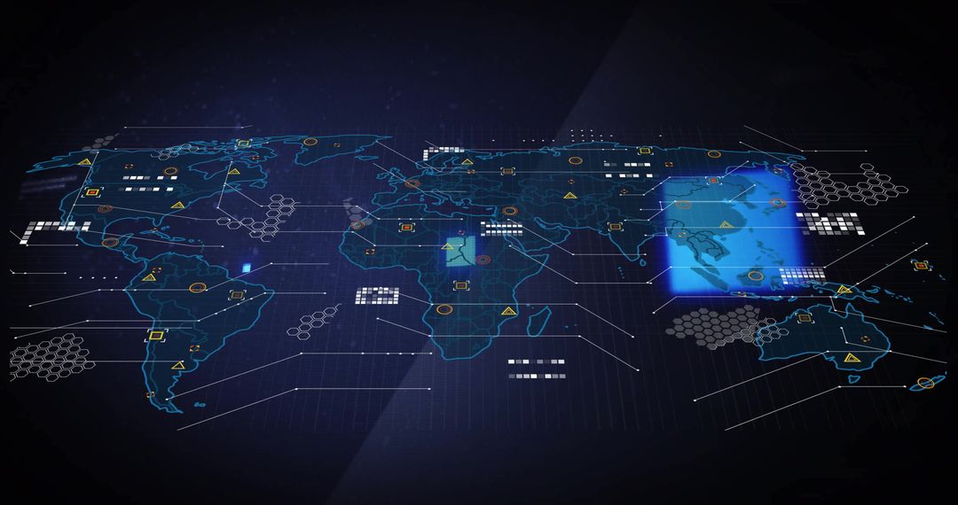 Futuristic World Map Interface with Blue Neon Elements
