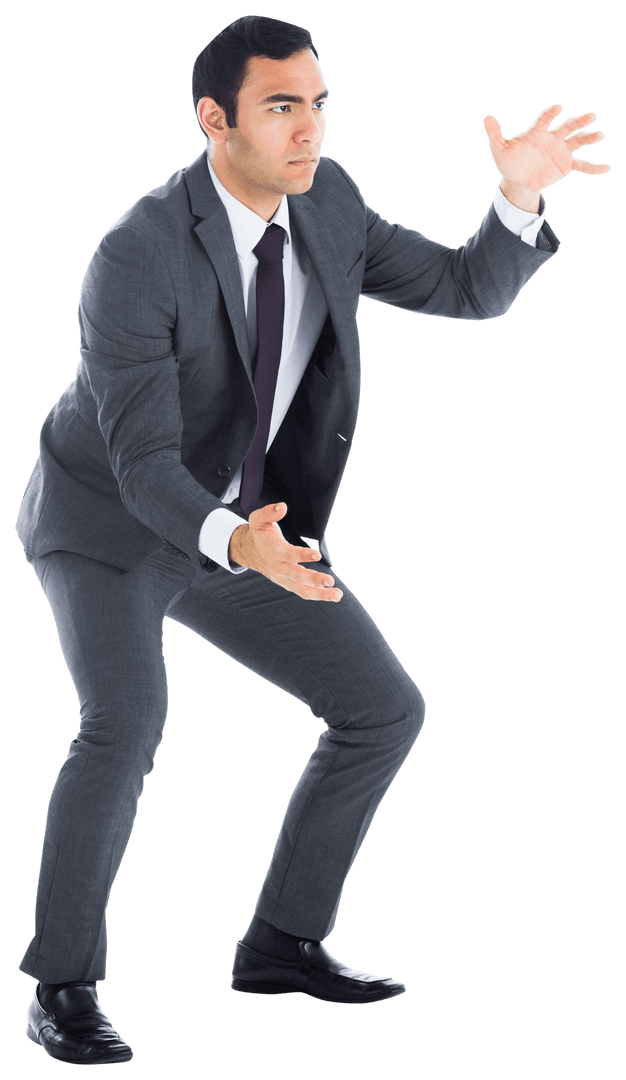 Businessman Engaging with Virtual Interface on Transparent Background