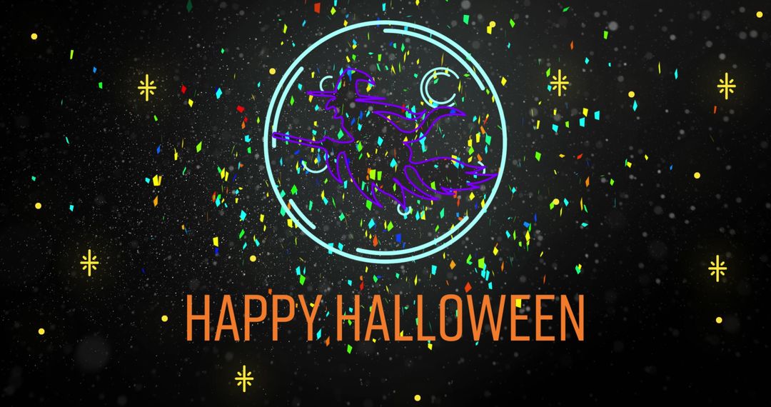 Neon Witch Flying with Happy Halloween Greeting and Confetti