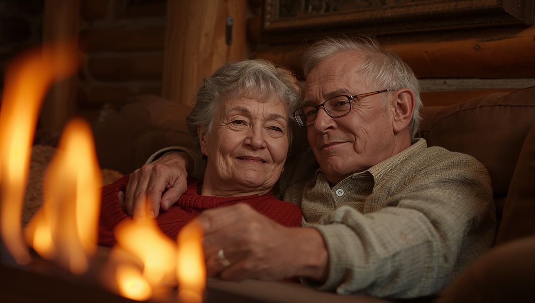Senior couple cuddling by warm fireplace in log cabin, cozy evening together