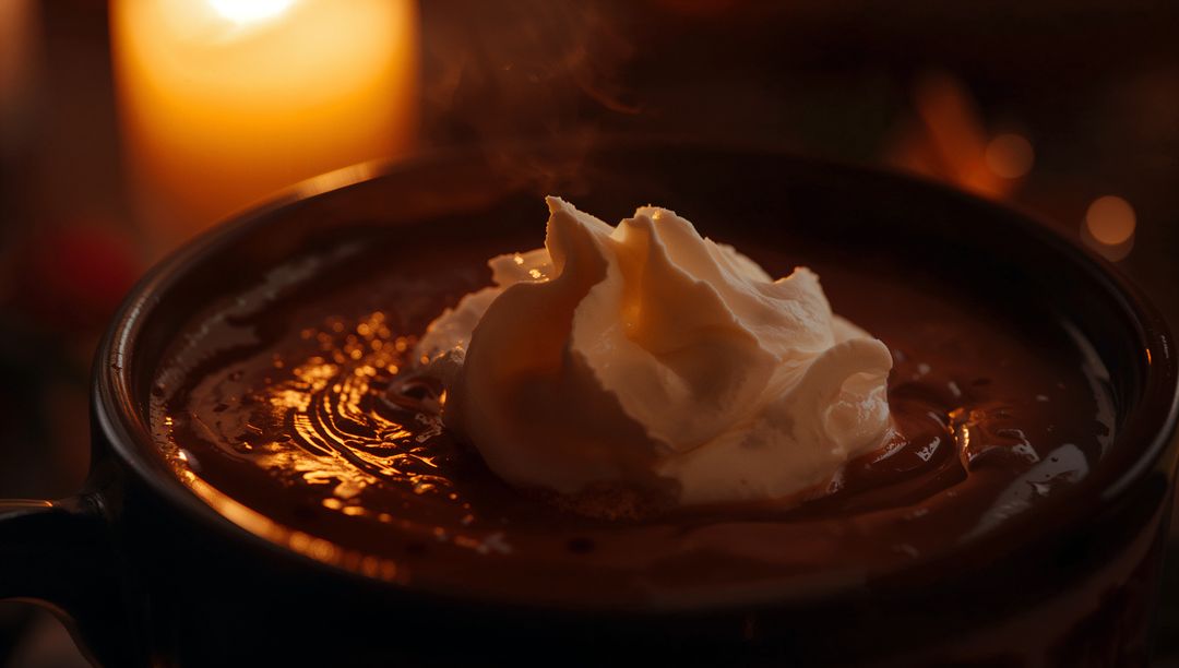 Steaming Hot Chocolate with Whipped Cream in Cozy Candlelit Atmosphere