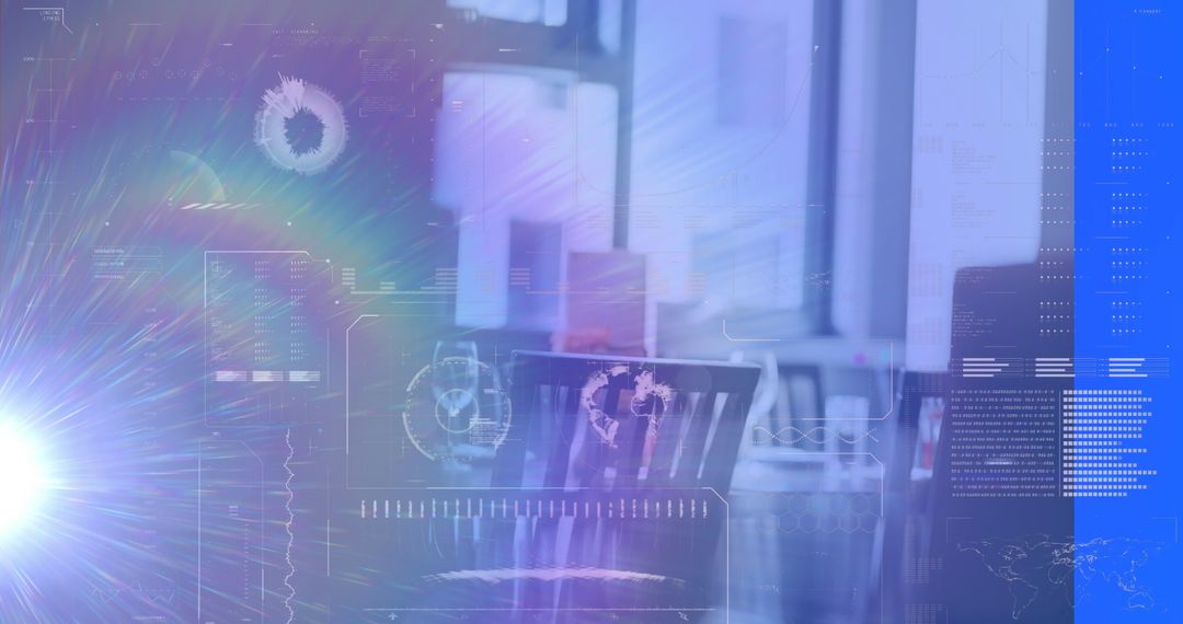 Futuristic Data Visualization in Modern Workspace with Holographic Interface