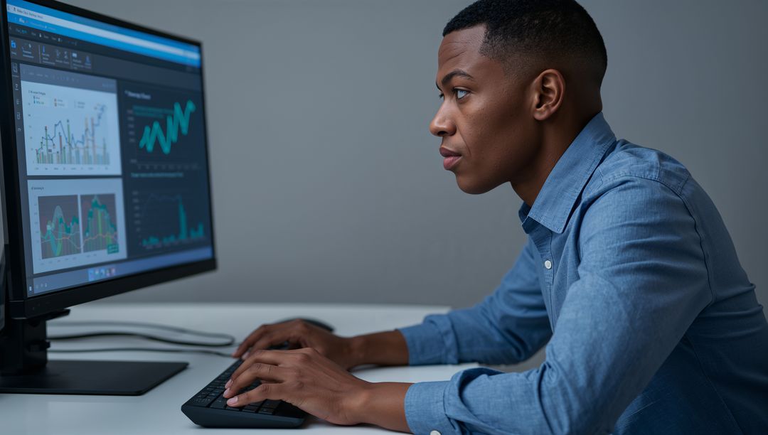 Focused Analyst Reviewing Data Visualizations on Monitor