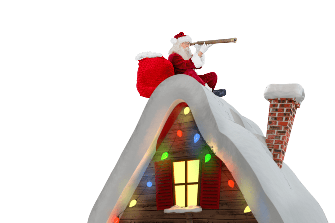 Santa Claus Watching from Snowy Roof with Telescope, Christmas Concept
