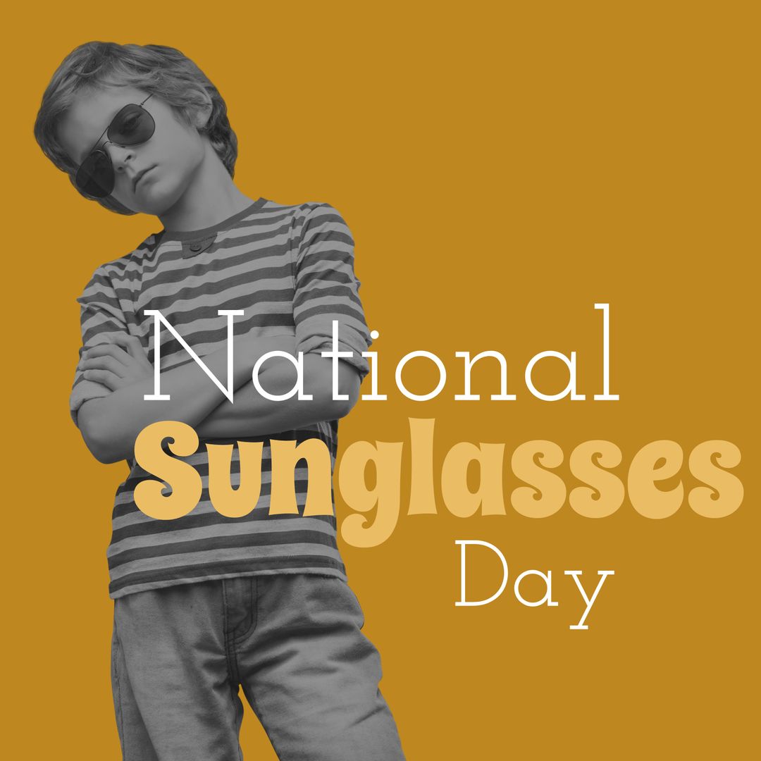 Composite of national sunglasses day text and portrait of caucasian boy in sunglasses, copy space - Download Free Stock Templates Pikwizard.com