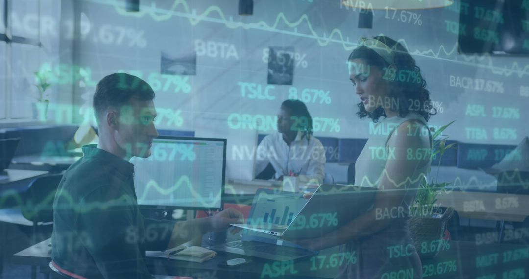 Colleagues Discussing Strategies with Projected Stock Market Data