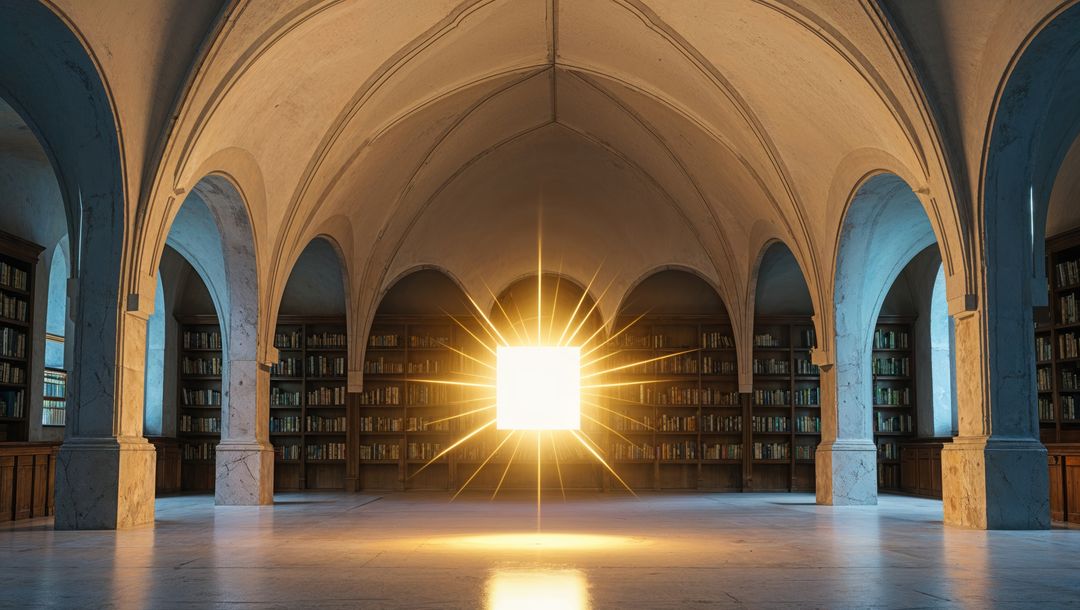 Mystical Glowing Portal in Historic Library with Marble Columns