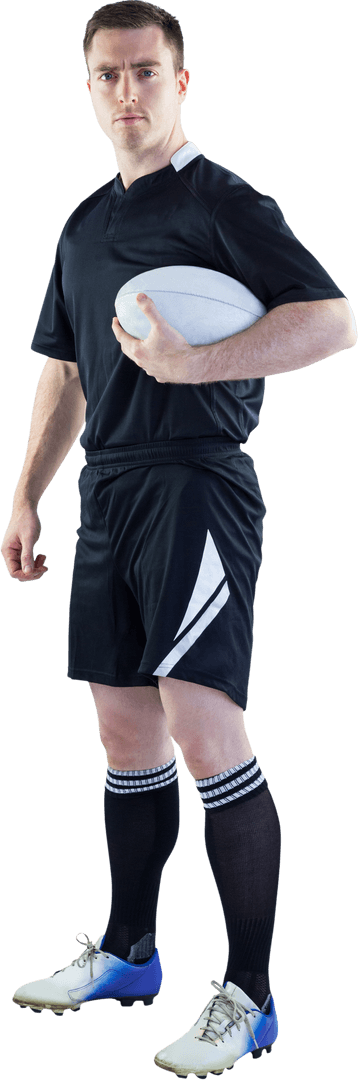 Rugby Player Holding Ball with Confident Stance on Transparent Background