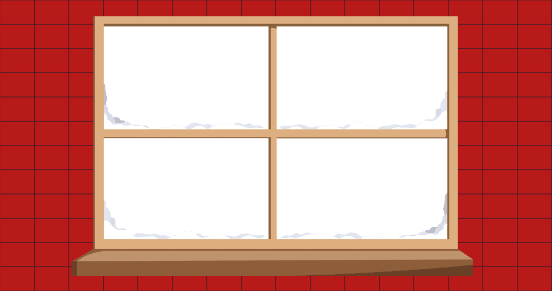 Transparent Winter Window Frame with Festive Red Brick Wall