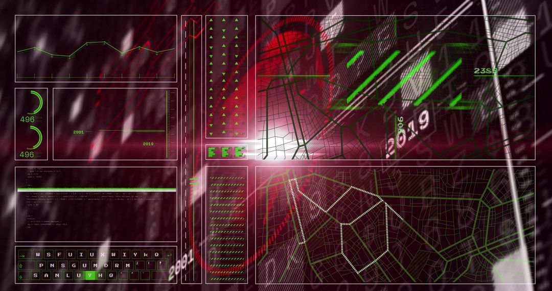 Futuristic Interface with Wireframe Map and Data Visualization
