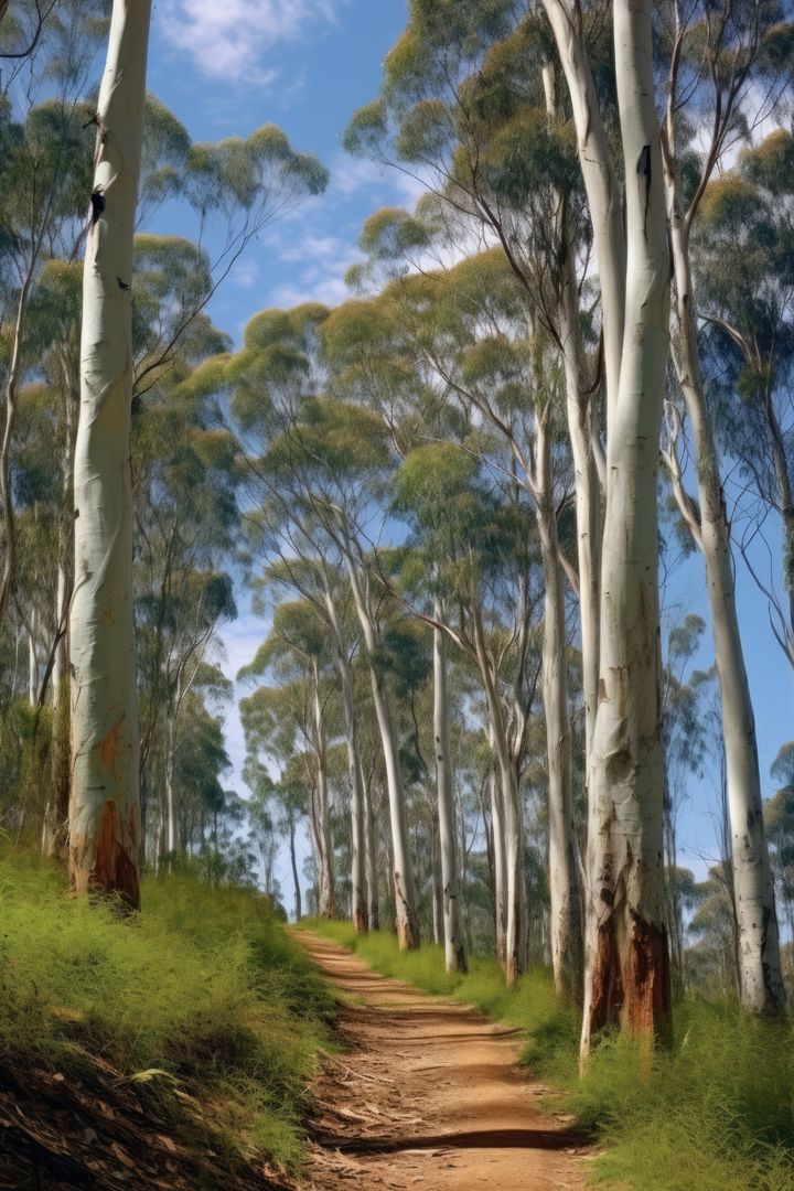 A serene dirt path winds through a tranquil eucalyptus forest - Free Images, Stock Photos and Pictures on Pikwizard.com