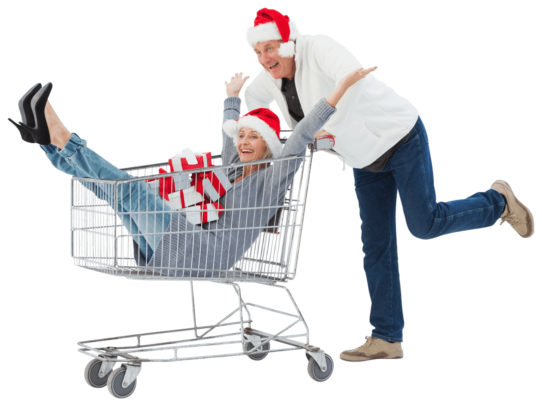 Elderly Couple Having Fun with Shopping Cart Santa Hats Transparent