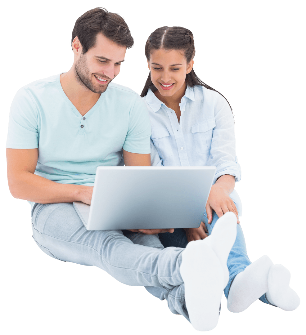 Cute Couple Sitting with Laptop on Transparent Background