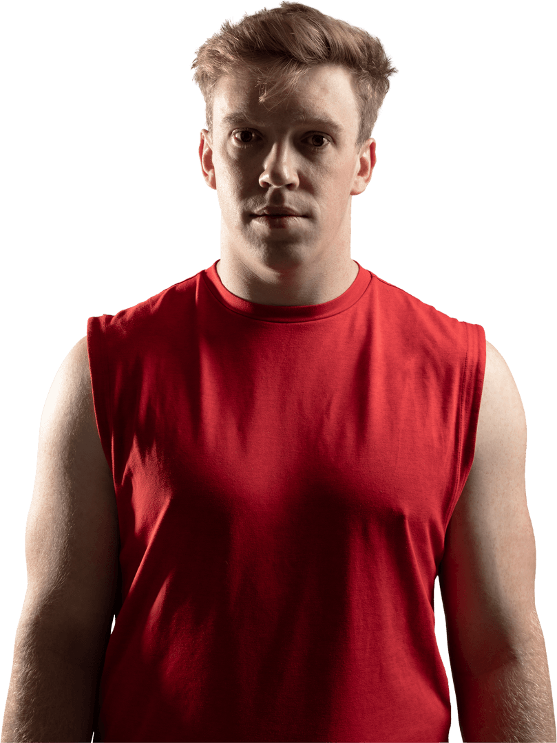 Athletic Caucasian Man Posing in Red Sportswear on Transparent Background
