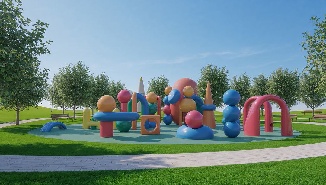 Colorful Modular Playground Featuring Glossy Spheres Cones and Arches on Turquoise Pad