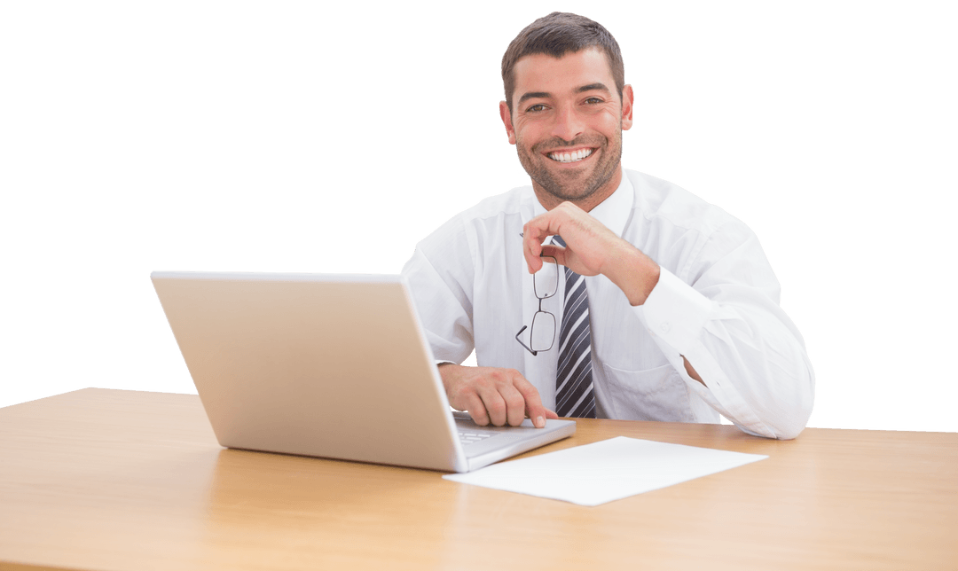 Caucasian Businessman Smiling Using Laptop on Transparent Background