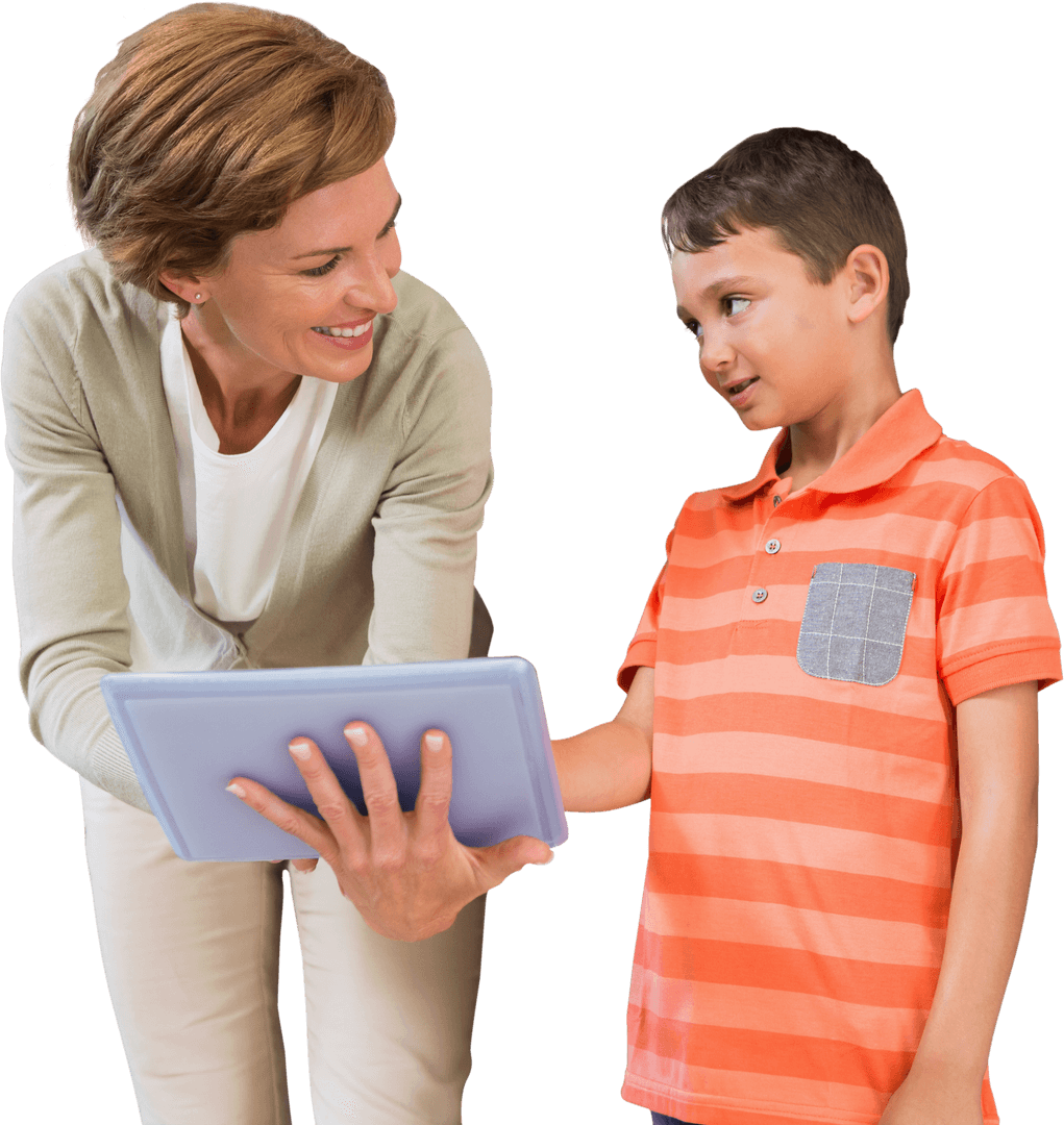 Teacher Presenting Tablet to Young Student with Transparent Background