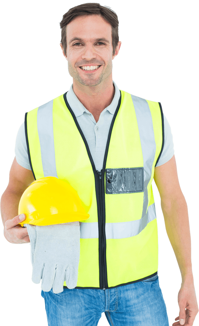 Transparent Construction Worker Wearing Safety Vest and Holding Equipment
