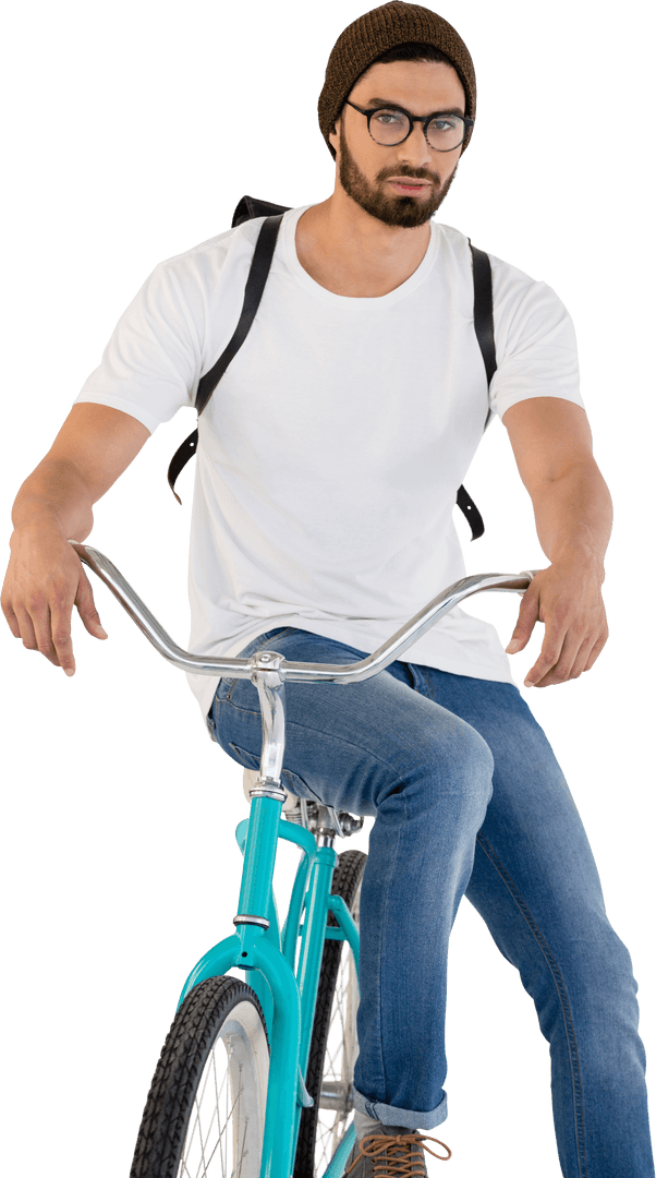 Casual Bearded Man on Bicycle Offering Cool Vibes with Transparency