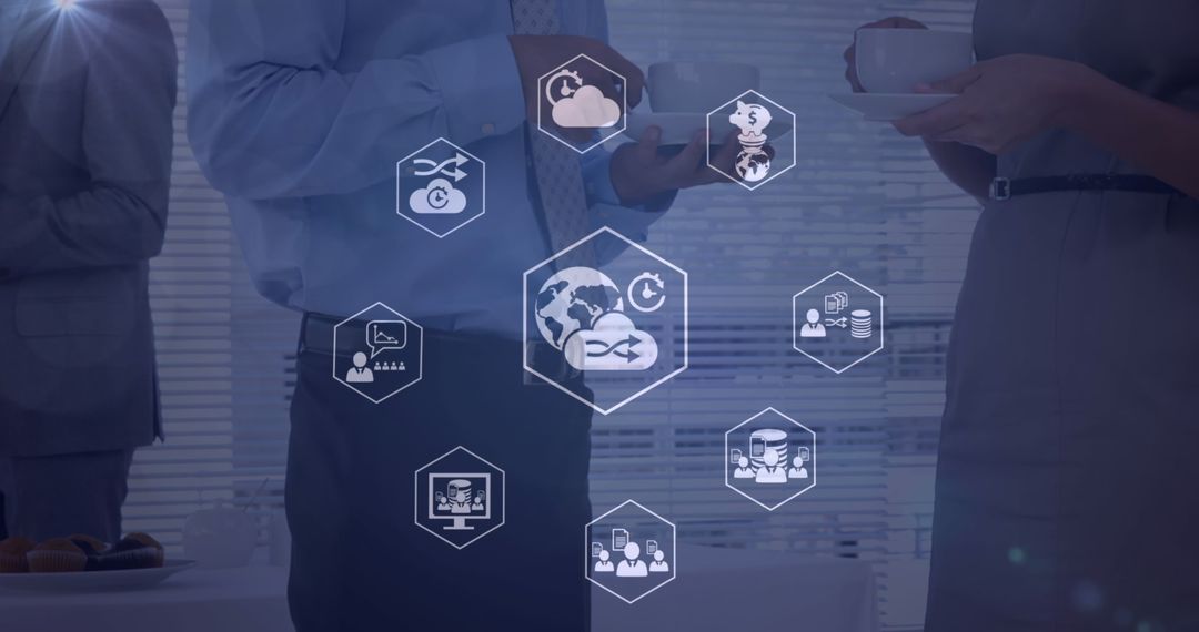 Business Professionals Networking Over Coffee with Digital Interface