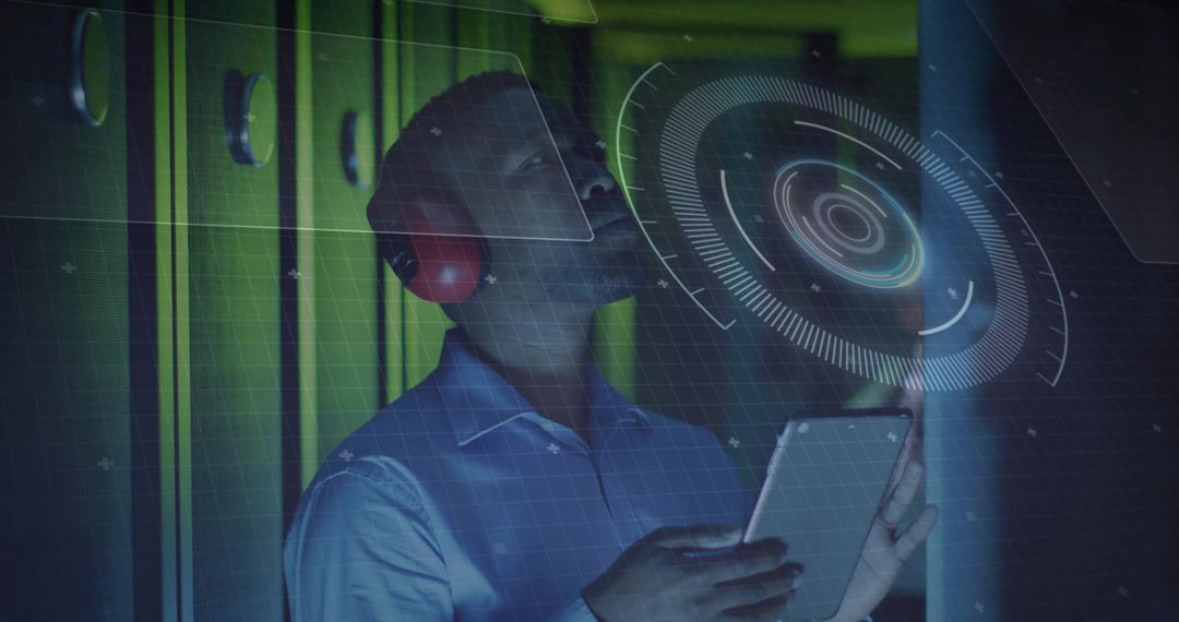Technician Inspecting Holographic AR Interface with Tablet and Red Earmuffs in Corridor