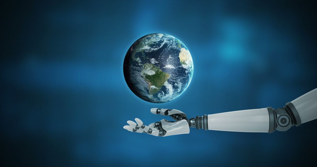 Robotic Hand Holding Digital Globe Earth High-Tech Concept
