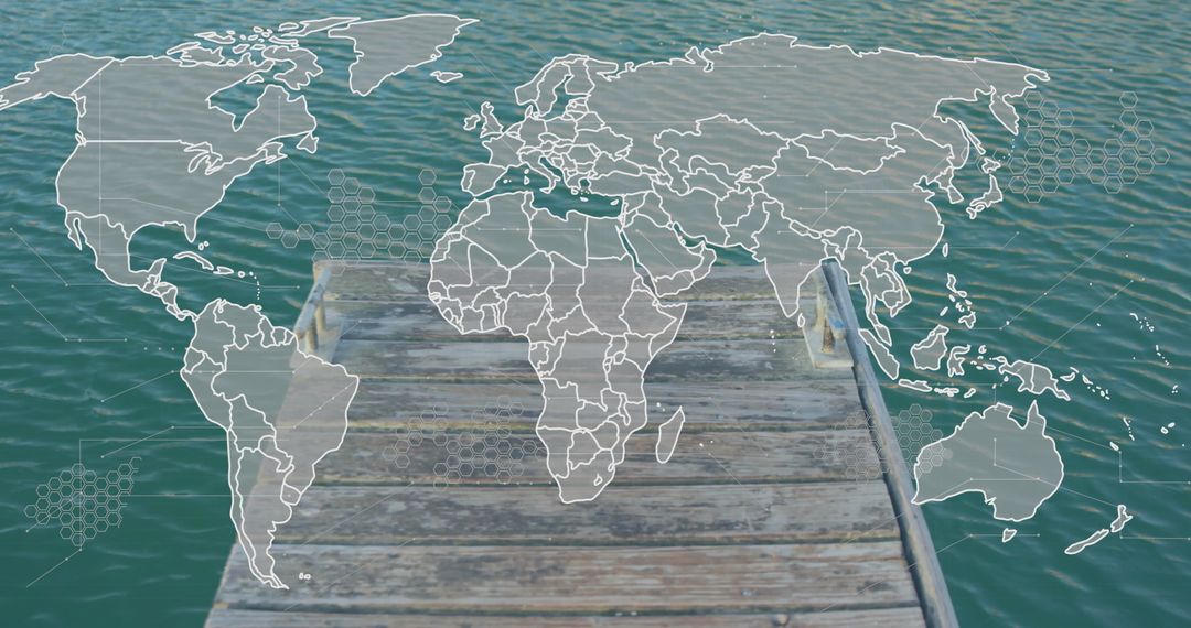 World Map Overlay on Pier with Ocean Background