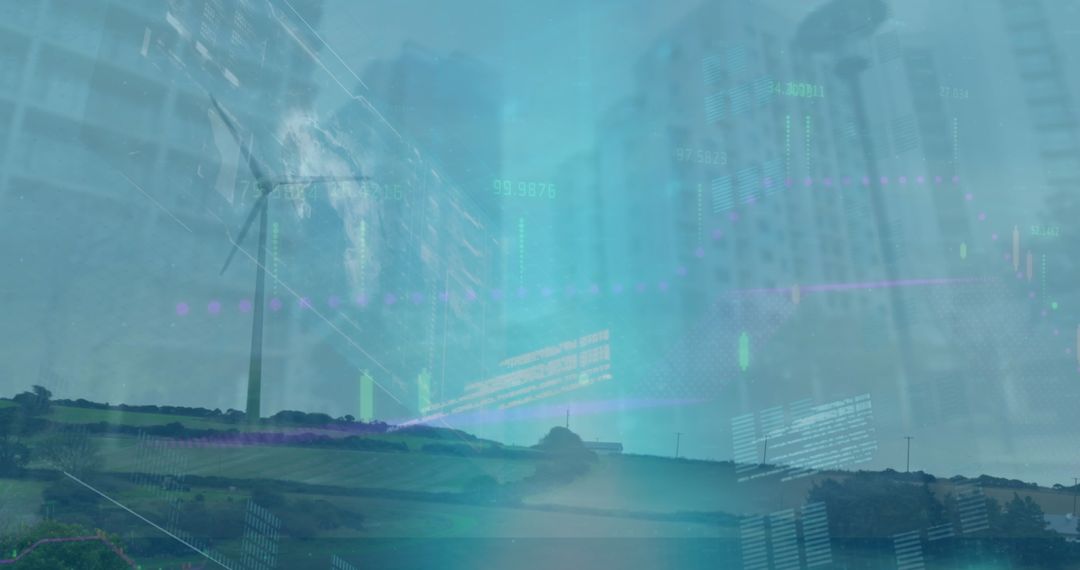 Futuristic Sustainable Energy Concept with Cityscape and Wind Turbine