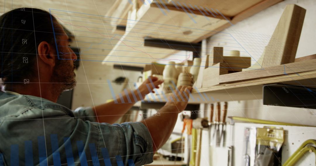 Carpenter in Workshop Analyzing Business Growth with Data Graph Overlay