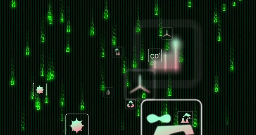 Sustainability Interface with Eco Icons and Binary Flow