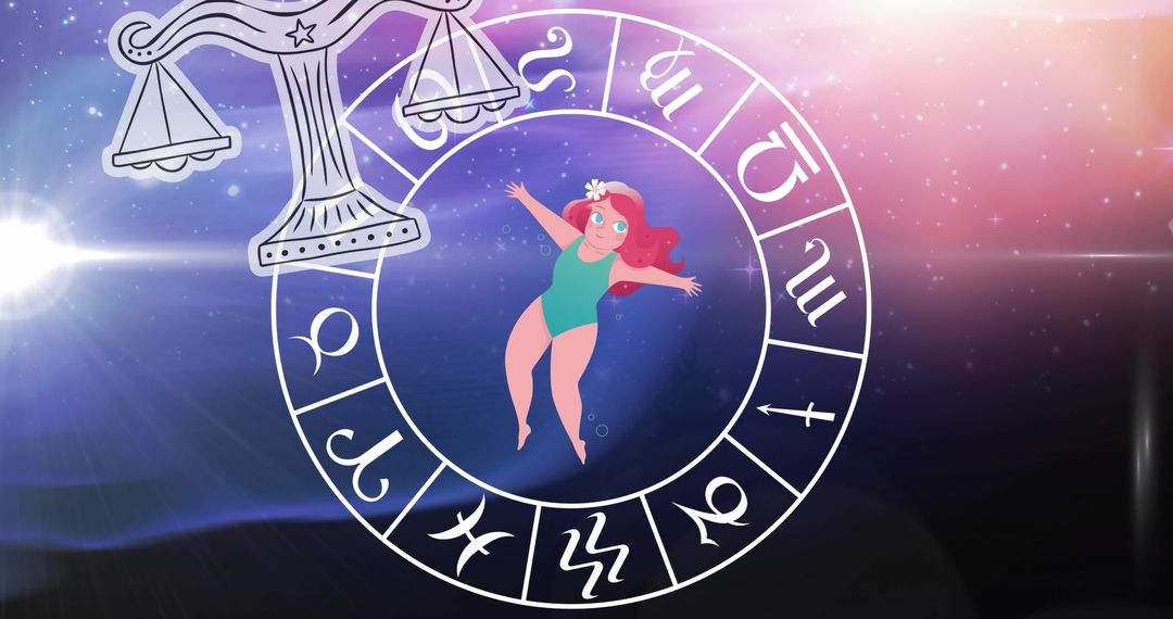 Swimming Woman Amid Zodiac Wheel and Libra Symbol - Free Images, Stock Photos and Pictures on Pikwizard.com